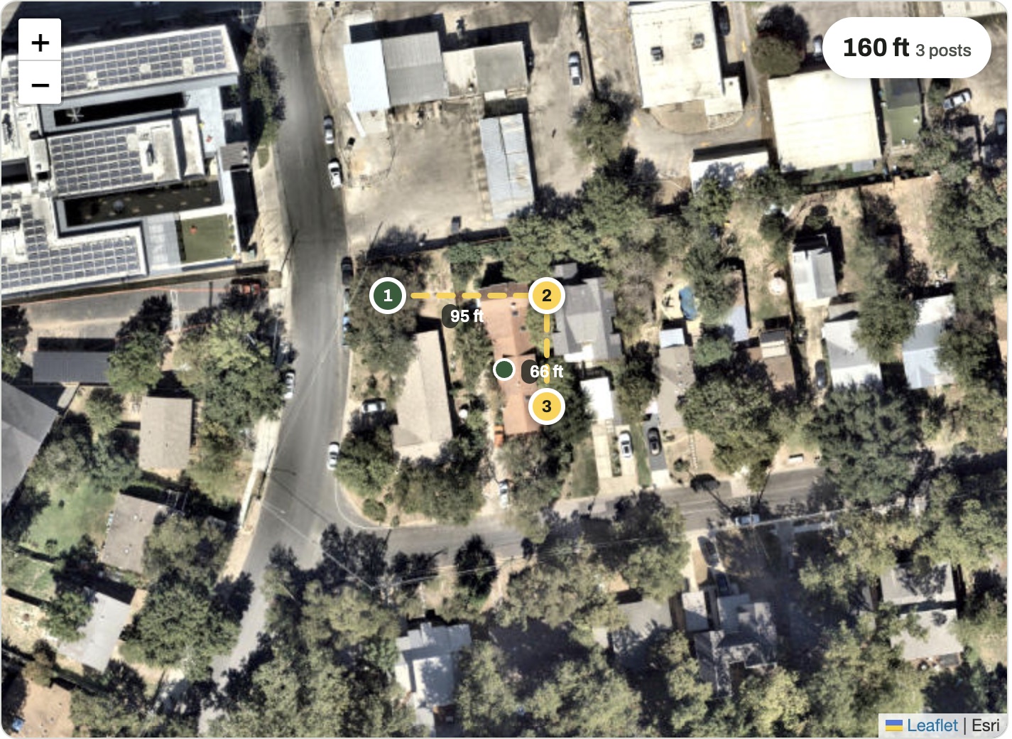 Satellite view with a marked fence line, 95 ft and 66 ft runs, 160 ft total