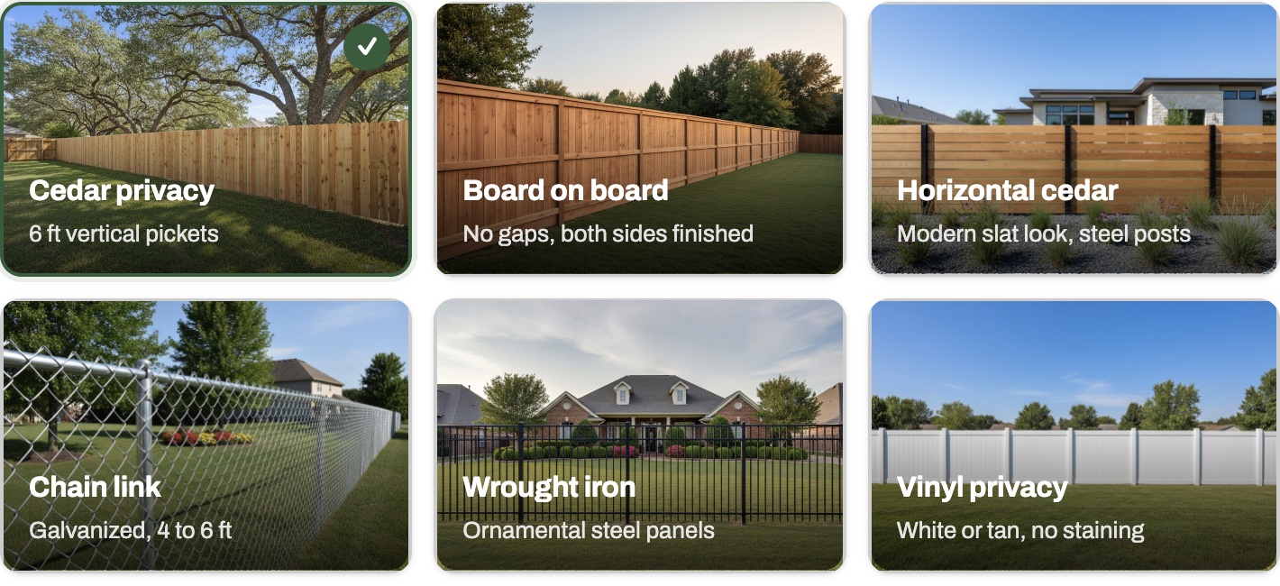 Six fence style cards with photos: cedar privacy selected, board on board, horizontal cedar, chain link, wrought iron, vinyl privacy